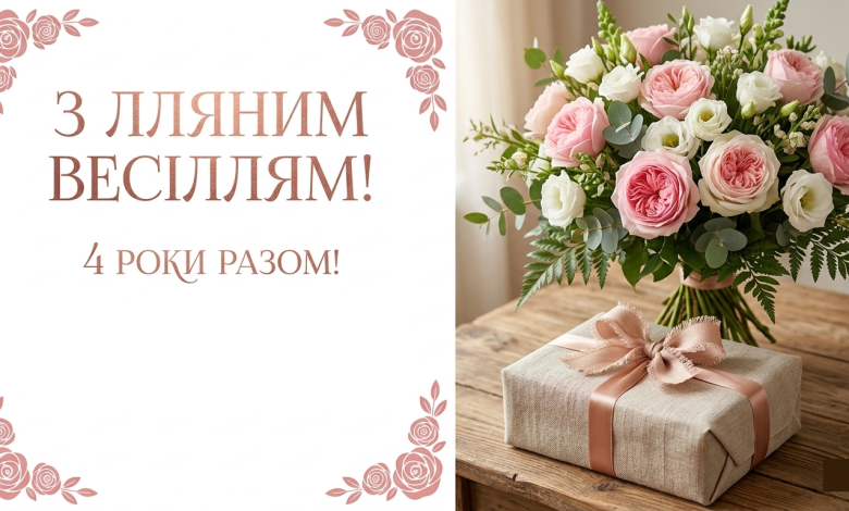 Елегантна композиція з букетом квітів та лляними виробами для привітання з четвертою річницею весілля.