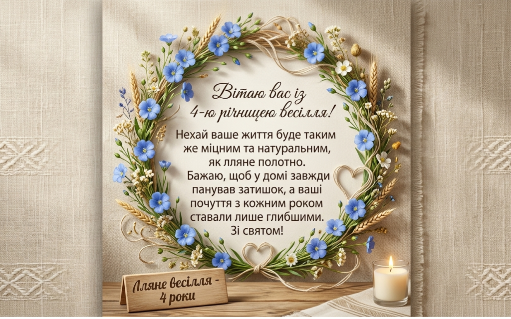 Вітальна листівка до 4-ї річниці весілля (Лляне весілля) з вінком із блакитних квітів льону та пшениці на лляному фоні.