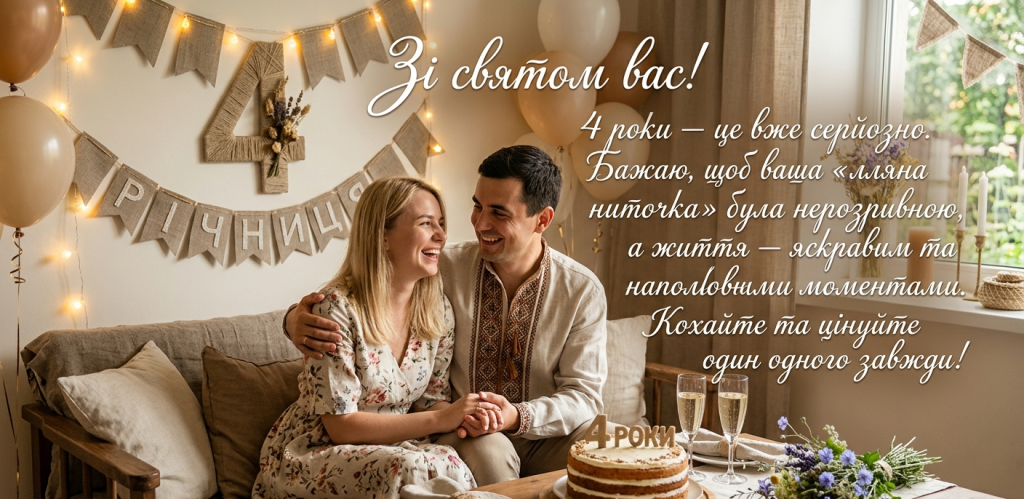 Щаслива пара святкує 4-ту річницю весілля (лляне весілля) у затишному інтер’єрі з тортом, квітами та вітальним написом українською мовою.