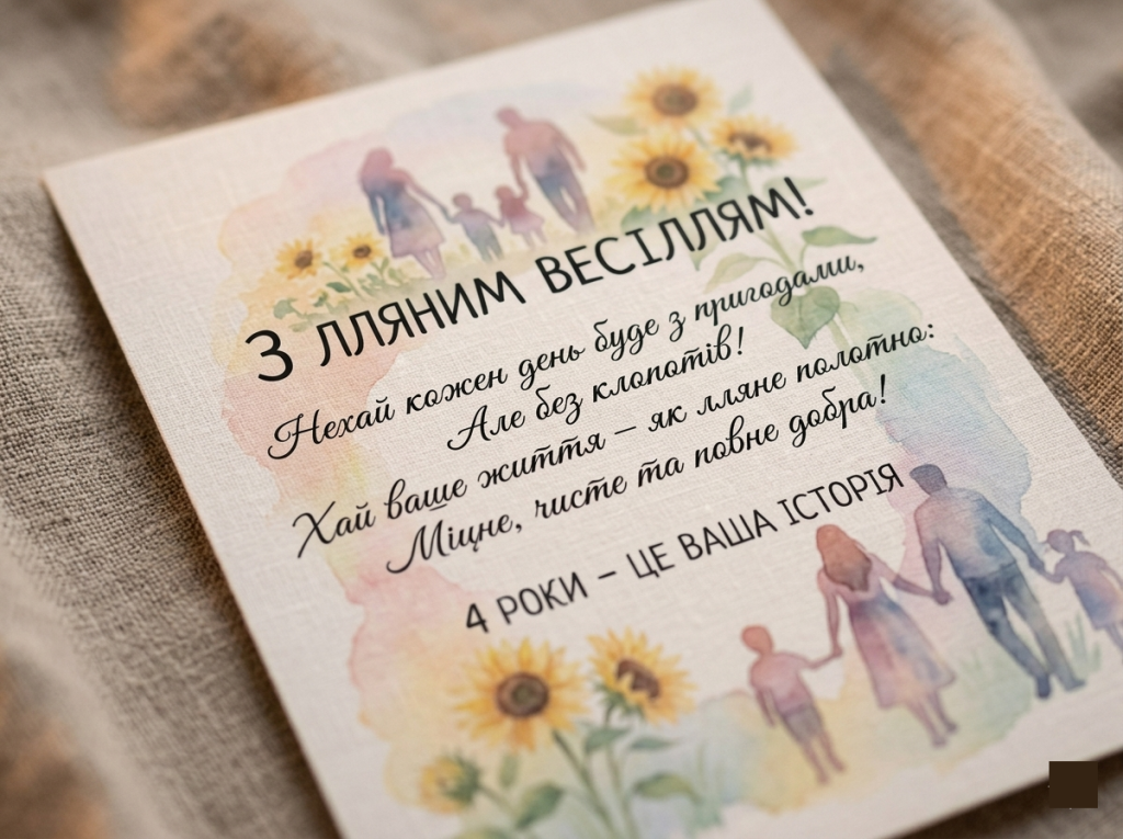 Зворушлива вітальна листівка з віршем від батьків на четверту річницю весілля.