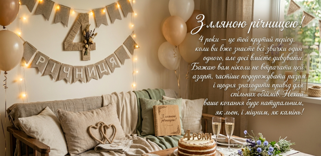 Святковий декор до 4-ї річниці весілля в еко-стилі: лляні подушки з серцями, дерев’яний напис «4 роки», торт та квіти у світлому затишному інтер’єрі з вітальним текстом.