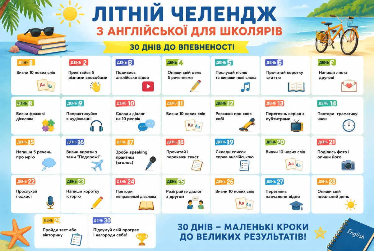 Літній челендж з англійської для школярів на 30 днів